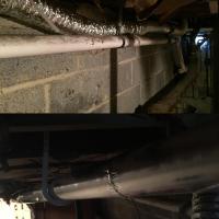 We replaced the vent seen in the top image using the appropriate, safe dryer vent materials, seen in the bottom image